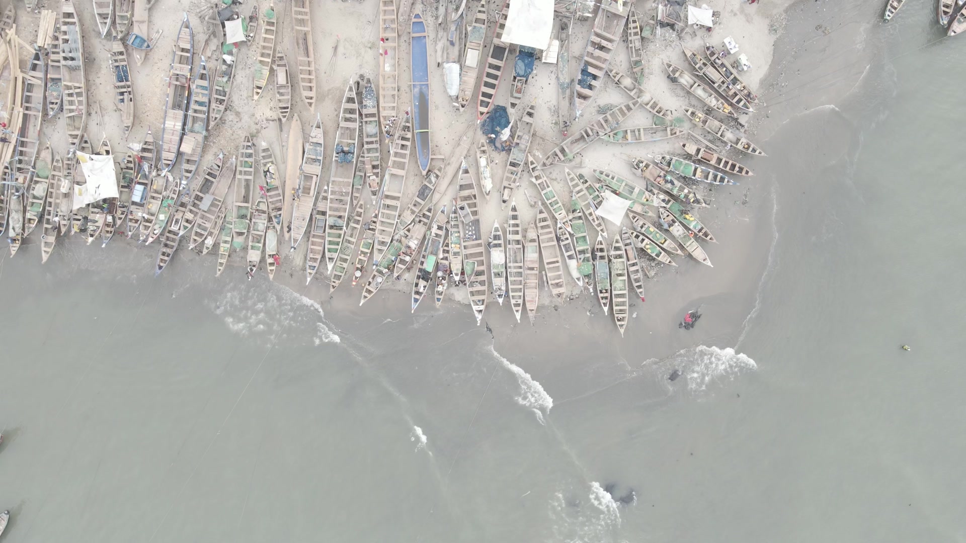 Boats Shore Beach Community Settlement Fishing Top Down Pan View