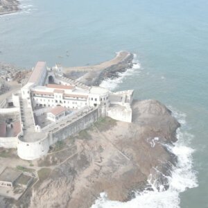 Capecoast Castle Stationary Shot Beach Township Shorline Ocean