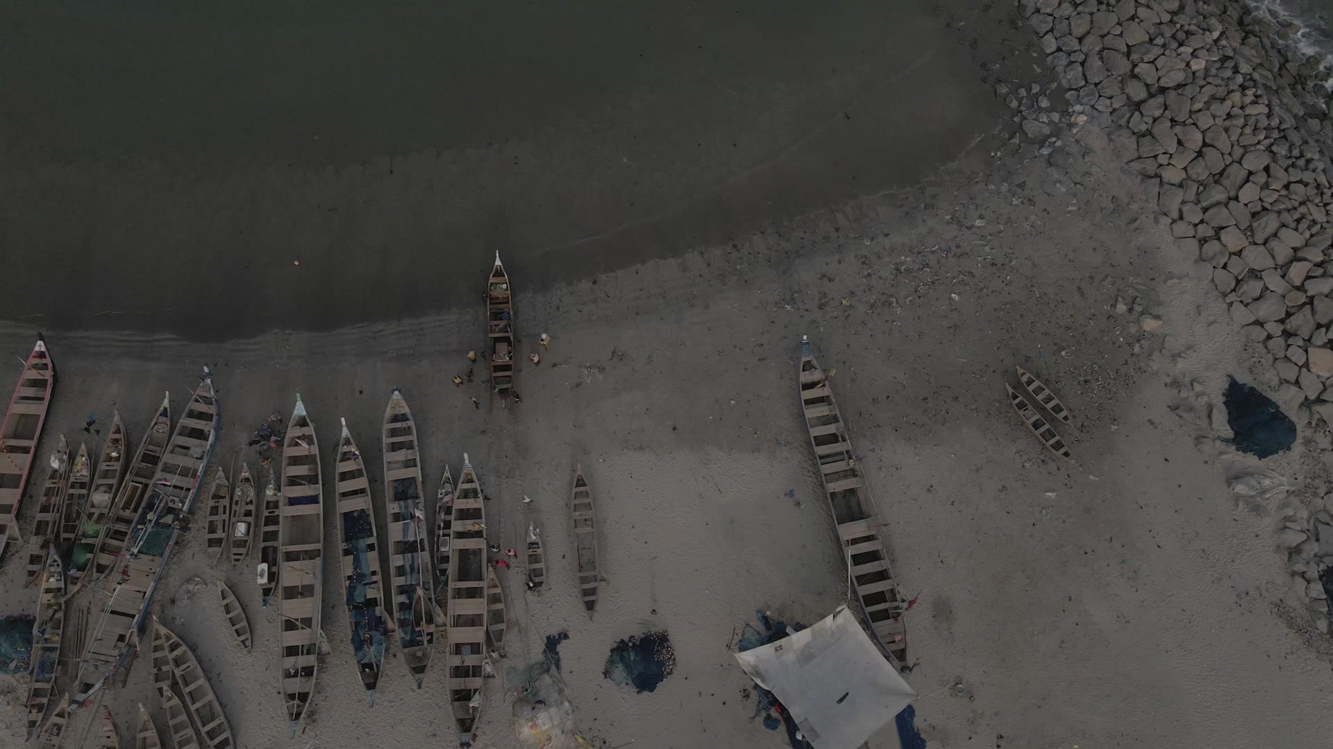 Ocean Beach Shoreline Boats Fishermen Waves Full Video