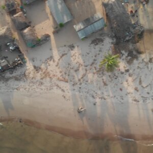 Village Top Down View Pan River Sandy Shoreline