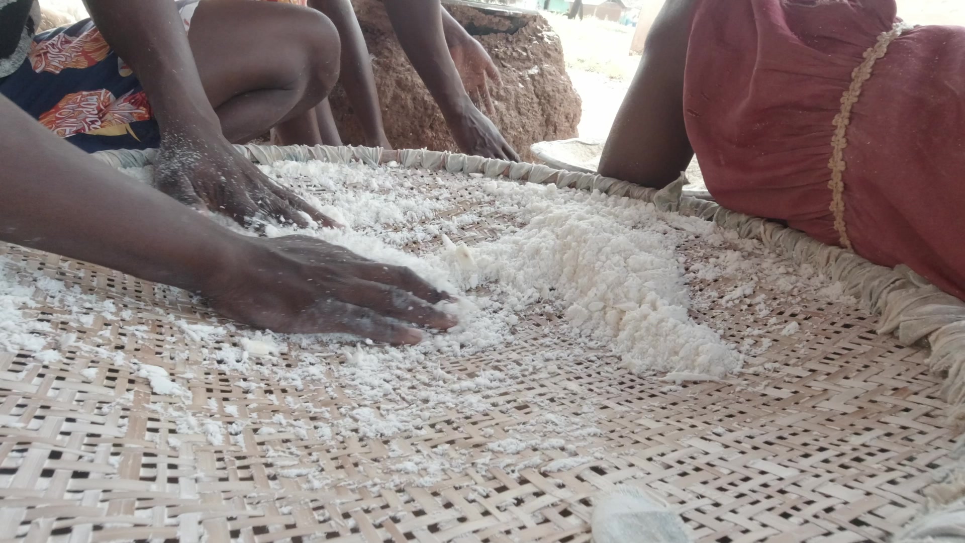 Woman Two Hands Seive Dry Cassava Dough Gari