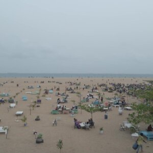 Beautiful Beach Busy People Sea Close Wide Shot