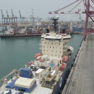 Undersea Fibre Cable Ship Docked At Harbor